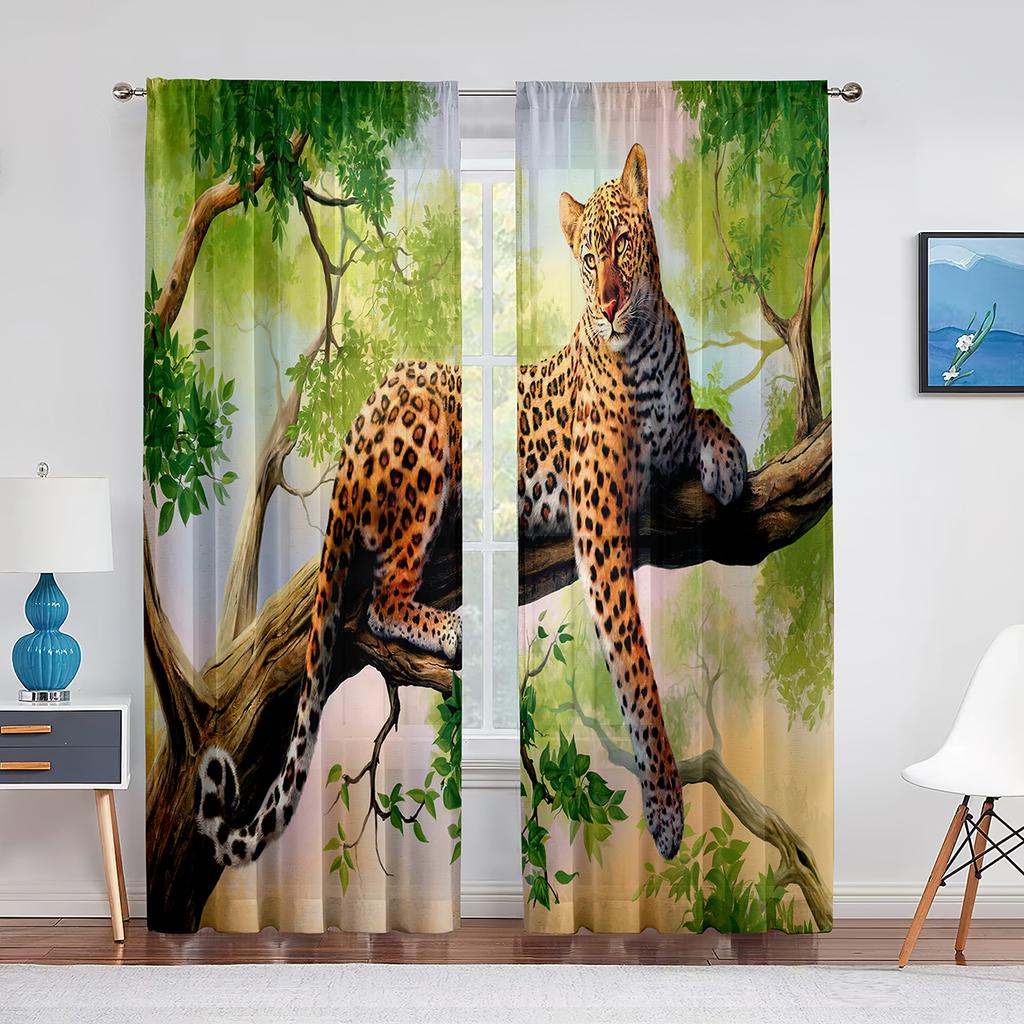 Leopard Safari Gepard Wildtier Thema Muster Tüll Vorhänge für Wohnzimmer Schlafzimmer Transparent Durchsichtig Voile Fenstervorhang