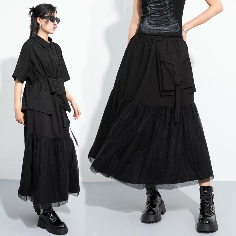 Dark Style A-Line Mesh Patchwork Skirt: Casual, Mid-Length, Elastic Waist, Irregular Flare