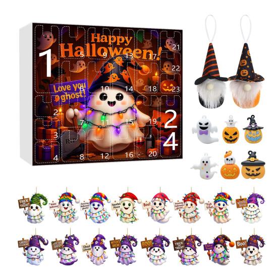 Halloween Advent Calendar 2025 24 Day Countdown Calendar with Acrylic Ghost/Gnome/Pumpkin Ornaments for Indoor Outdoor Home Party Decor