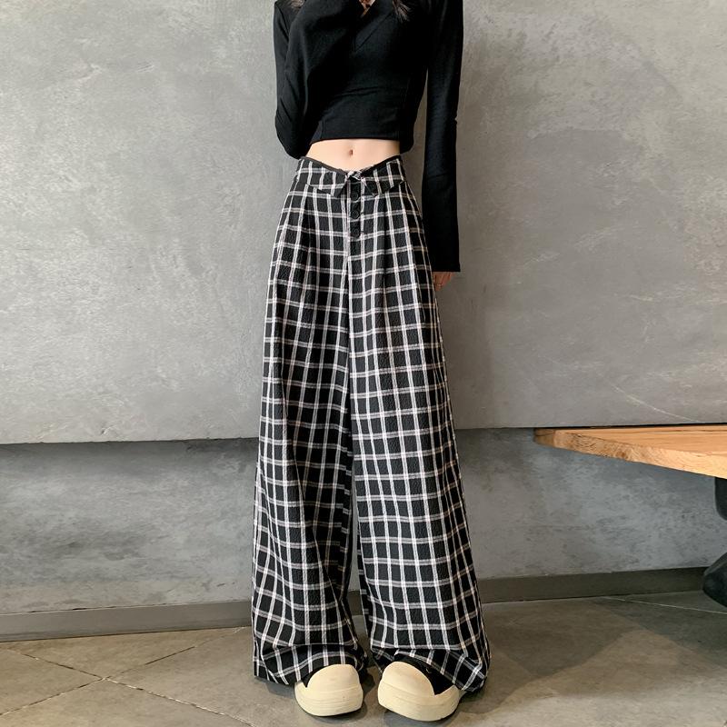 

Корейская версия повседневных клетчатых брюк с завышенной талией для женщин, весенние новые свободные и стройнящие брюки прямого кроя с широкими штанинами 2XL