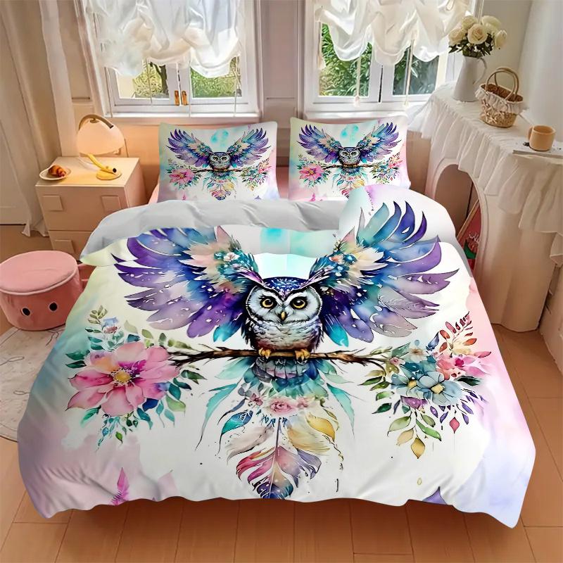 3pcs Colorful Owl with Flowers Watercolor Print, Includes One Quilt Cover and Two Pillowcases (No Core), Home Decor, Gift, Anime Cartoon