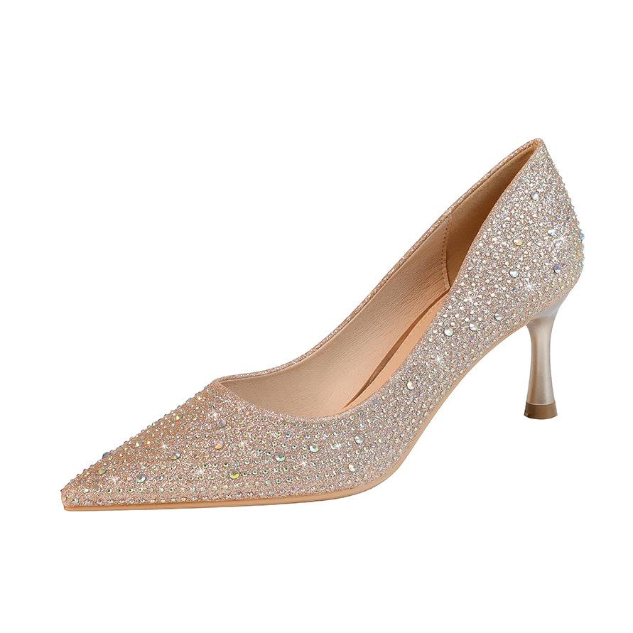 Fashion Point-toe Women's Sandals Nightclub Show Thin Stiletto Women's Single Shoes Rhinestone Sequin High-heeled Shoes