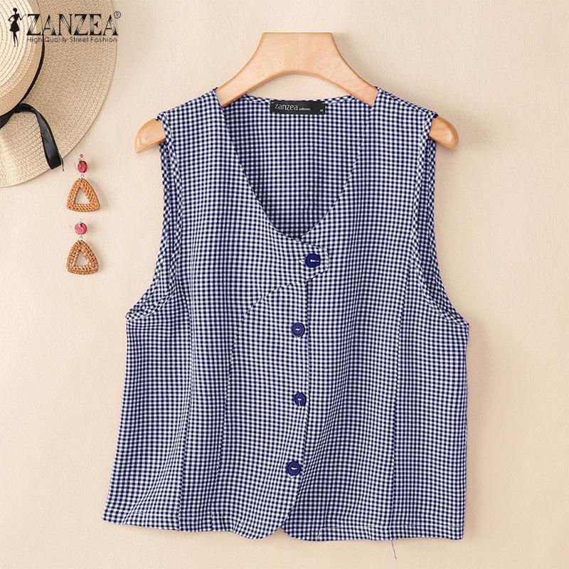 ZANZEA Women V-Neck Casual Sleeveless Grid Print Tank Tops