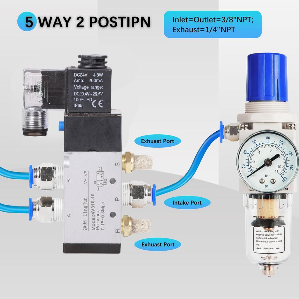 24V Electric Control Air Gas Magnetic Valves Replacement 5 Way 2 Position Control Air Solenoid Valves Alumium Alloys Body