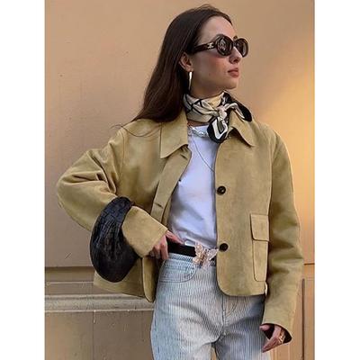 Suede Jacket for Women's Autumn Winter Street Vintage Casual Pockets Coat Solid Lapel Long Sleeve Fashion Short Jackets