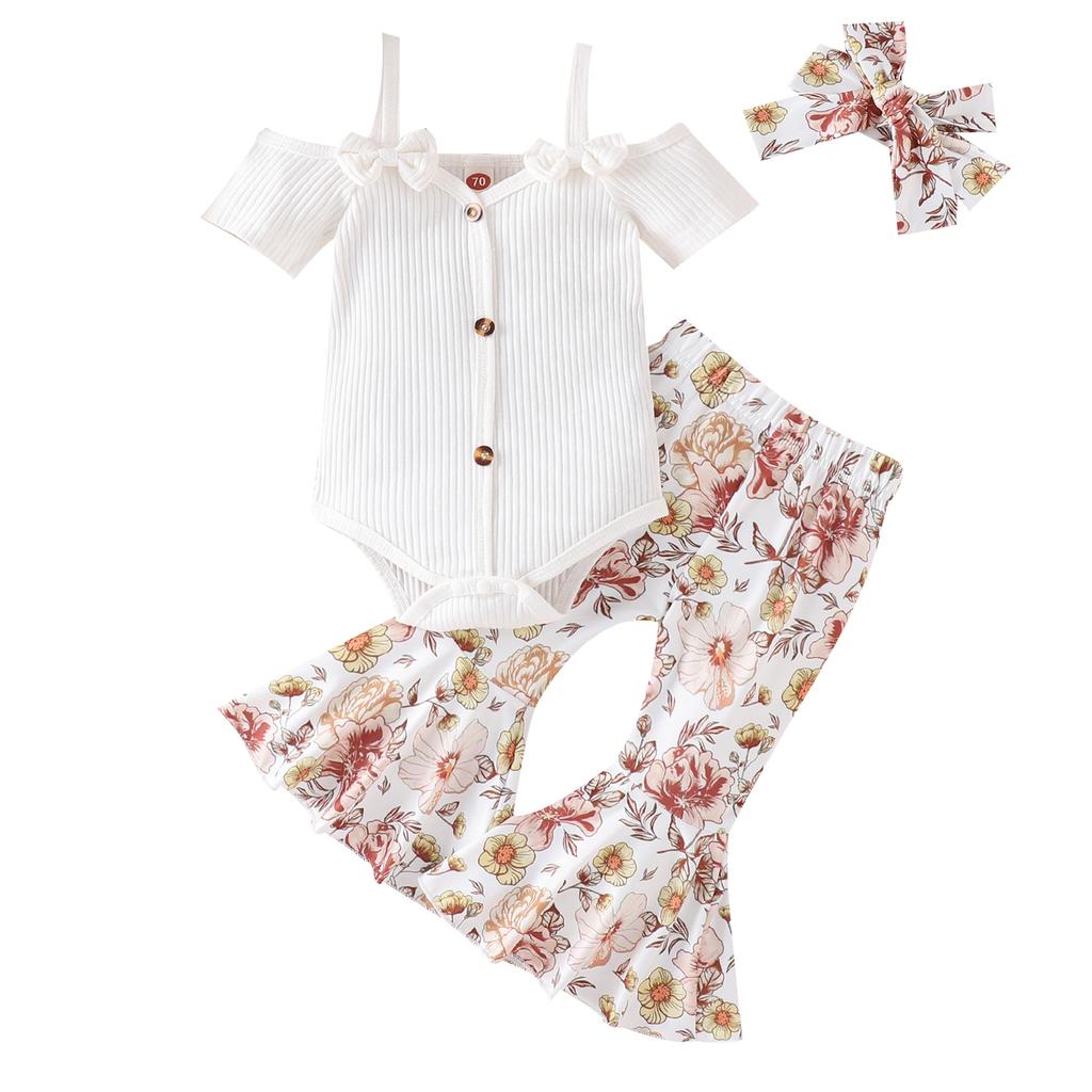 3Pcs Baby Girl Spring Outfits, Short Sleeve Cold Shoulder Romper + Flare Pants + Headband Set