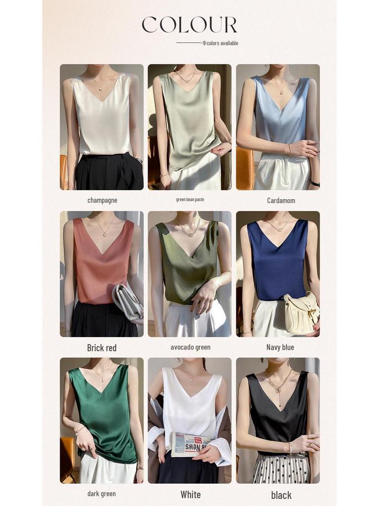 Women's V-Neck Silk Satin Camisole Top - Sleeveless Triacetate Base Layer for Spring.