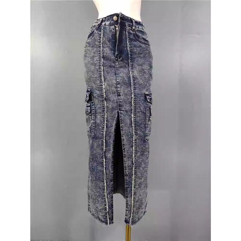 

French Style All-Matching Stylish Fashion Elegance Retro Summer New Arrival Washed Denim Frayed Hem Split Sheath Skirt Light Blue EUR32