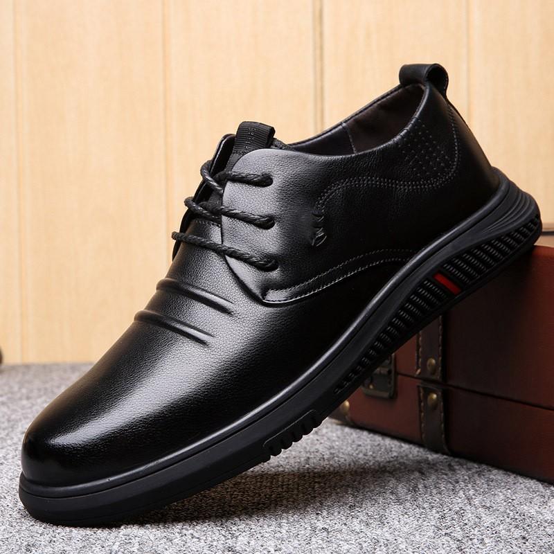 Mens Genuine Leather Casual Shoes Middle-Aged Senior Round Toe Breathable Non-Slip Rubber Sole Lace-Up Comfortable