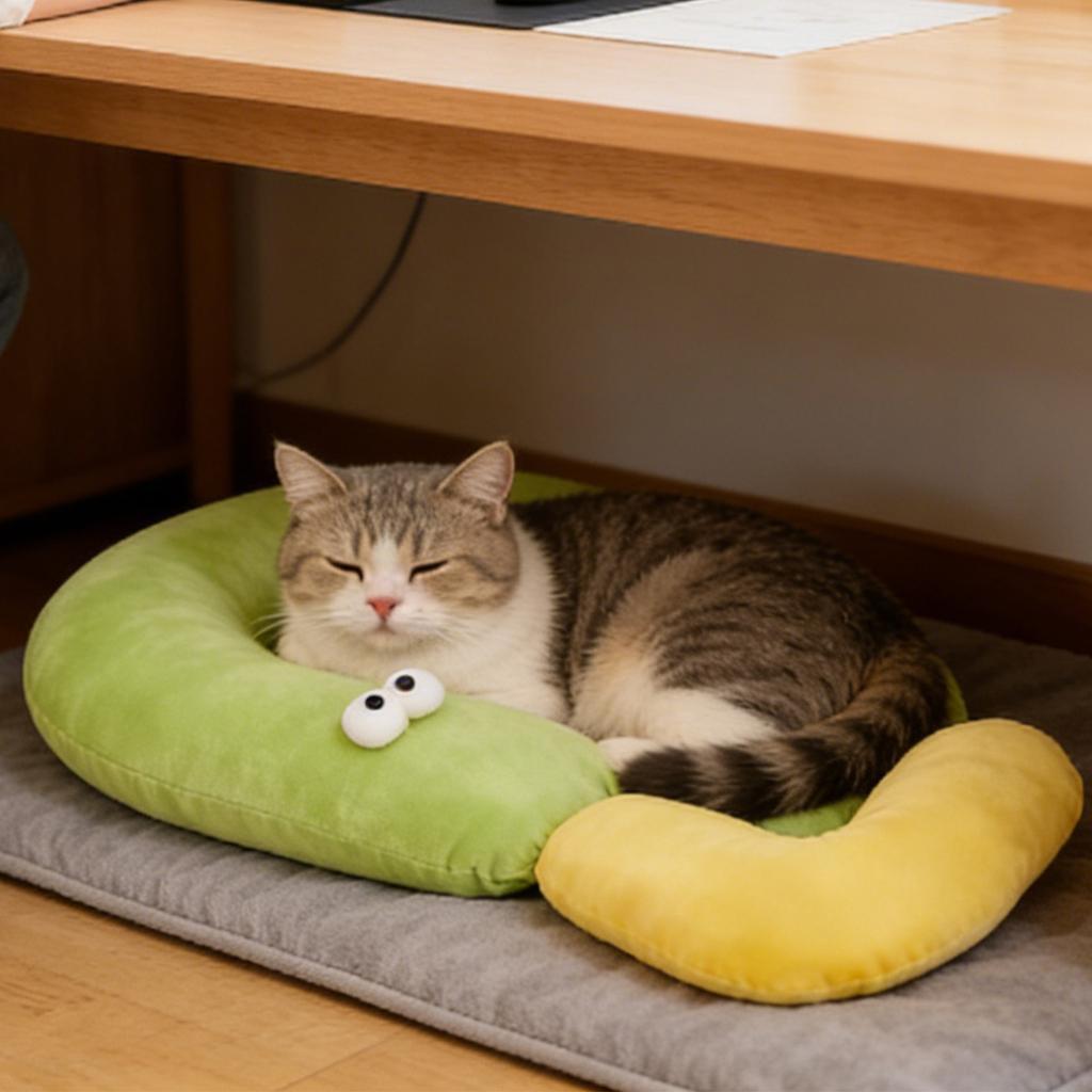 Niedriges Fragezeichenförmiges Katzenkissen, Weiches Haustier-Nackenkissen für Katzen, Ergonomische Halswirbelstütze Haustierbettmatte, Plüsch-Katzenkissen mit PP-Baumwolle