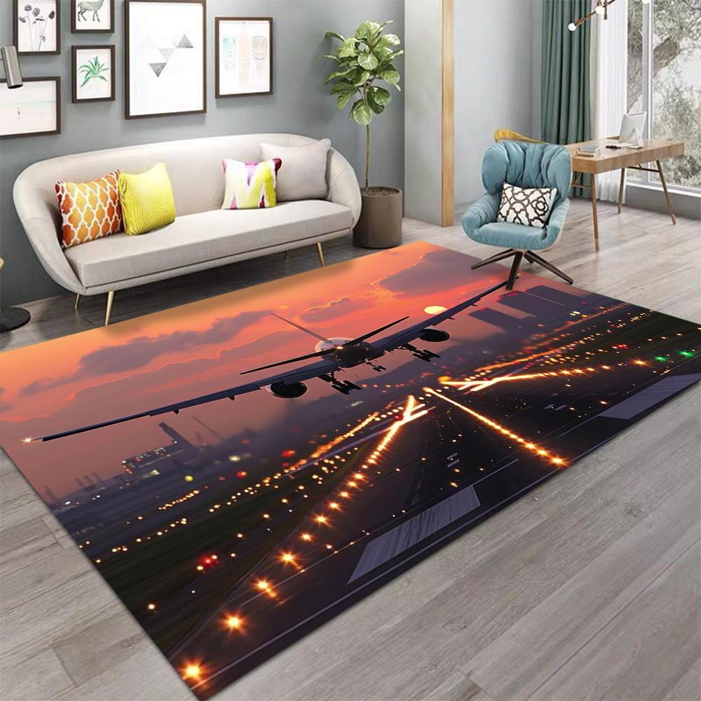 Airport Runway Carpet 3D Airplane Takeoff Design Sunset Cityscape Pattern Non Slip Large Area Rug for Modern Living Room