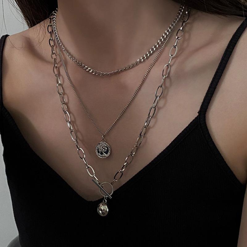 Cold Wind Three Layers Stacked Hip-hop Long Necklace Women's Versatile Coin Pendant Earth Cool Trend Accessories
