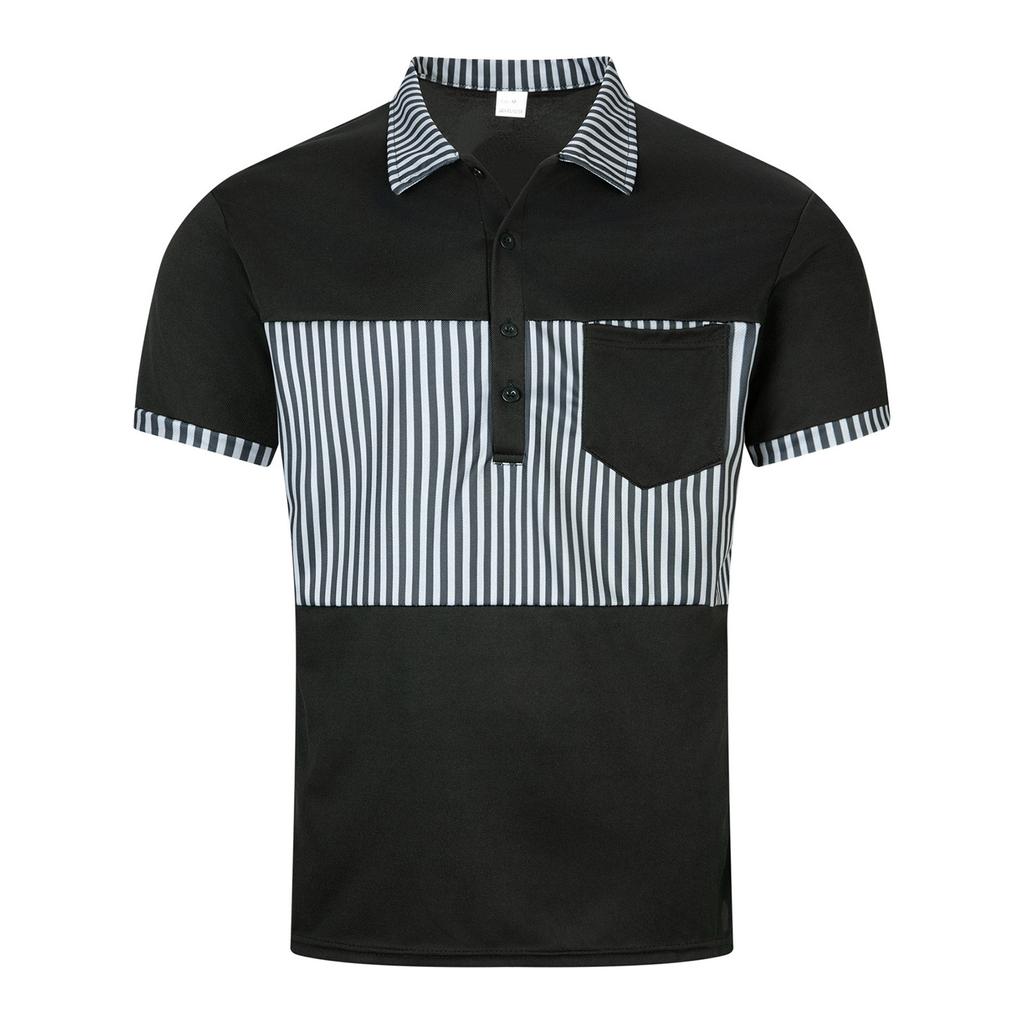 Men's Casual Shirt Pocket Button Long Placket Lapel Striped Color Combination T-shirt