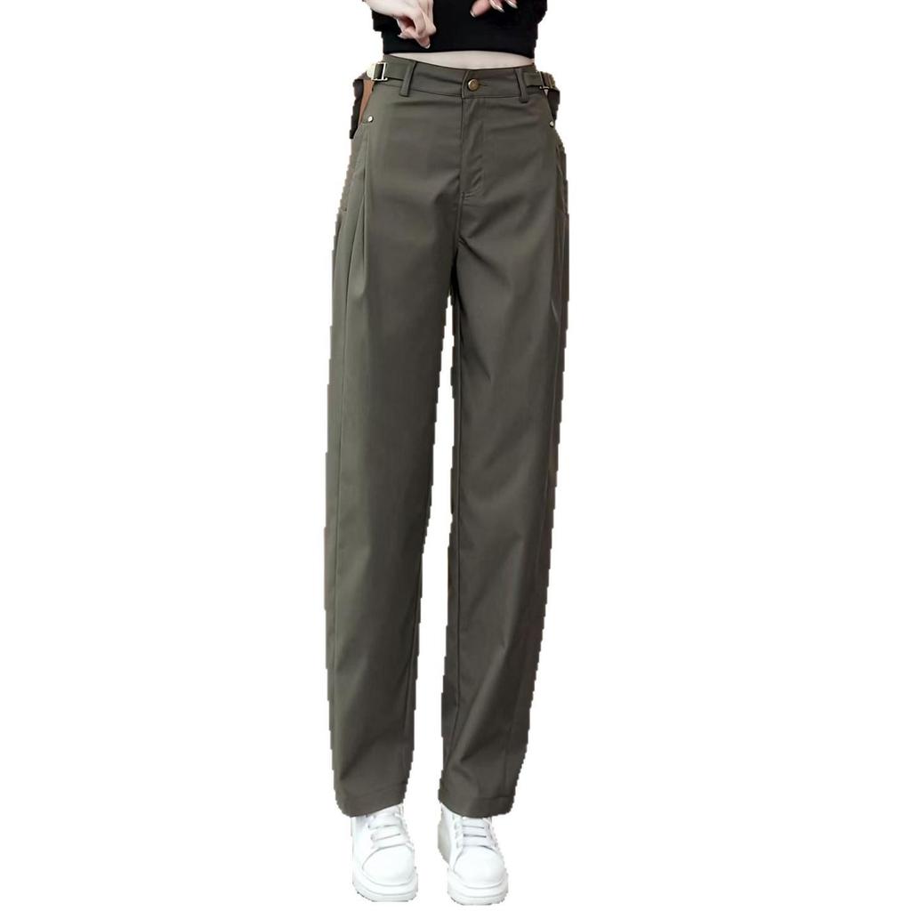 Chic Olive Green High-Waisted Women's Cargo Pants, Autumn/Winter 2025, Slim Fit with Loose Drape, Versatile Straight Leg Style.