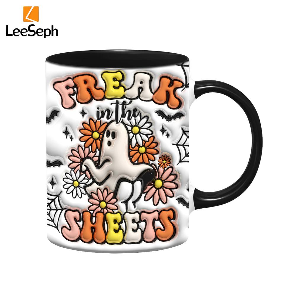 Leeseph 3D Effect Halloween Mug, Trick or Treat Halloween Pumpkin Ghost Ceramic Coffee Mug, Coffee Lover Halloween Decor Gift