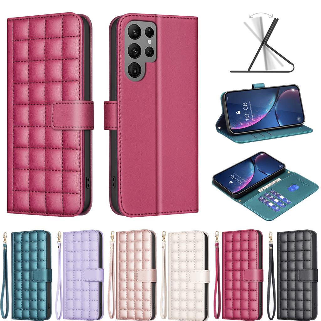 Kleine Handyhülle mit Klappständer und quadratischem Gitterdesign aus PU-Leder für Samsung Galaxy S21, S22, S23, S24, A12, A13, A14, A15, A52, A53, A24.