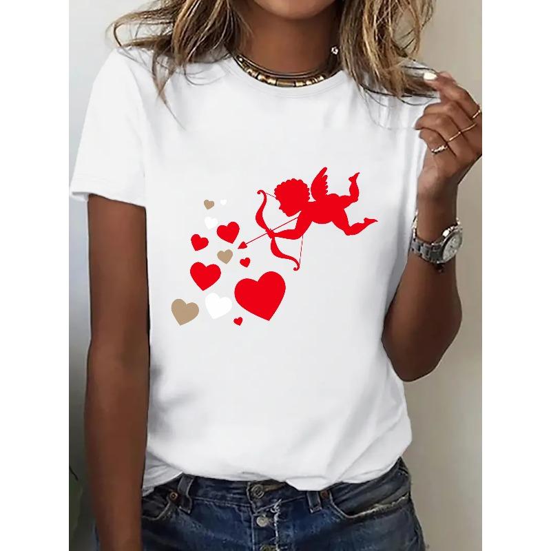 Women's Valentine's Day Heart Cupid Print T-Shirt Crew Neck Casual Short Sleeve Gift Tee
