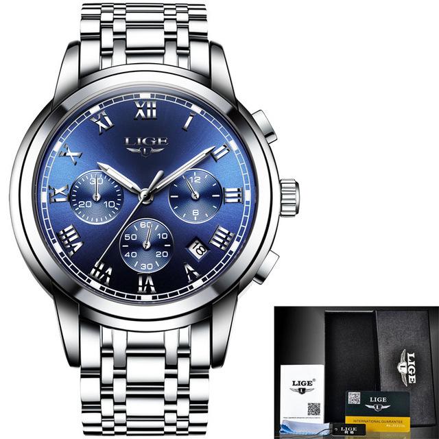 LIGE Waterproof Man Wristwatch Men's Watch Quartz Stainless Steel Band Chronograph Calendar Luxury Watches Relogio Masculino