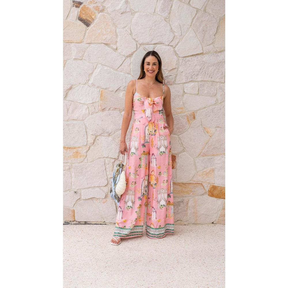 

European, American Summer Positioning Printing Casual Fashion V-neck Suspender Wide-leg Lace-up Jumpsuit 84 S розовый
