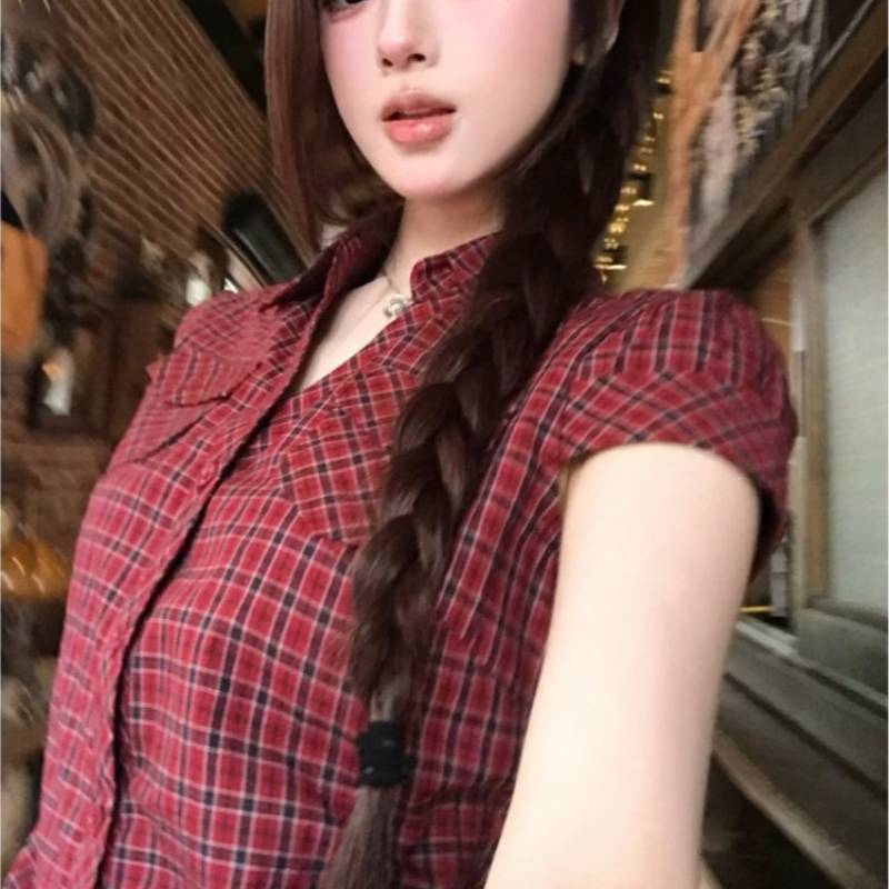 Yaz Moda Tutkunları İçin Dar Kesim Kore Vintage Kareli Kısa Kollu Gömlek