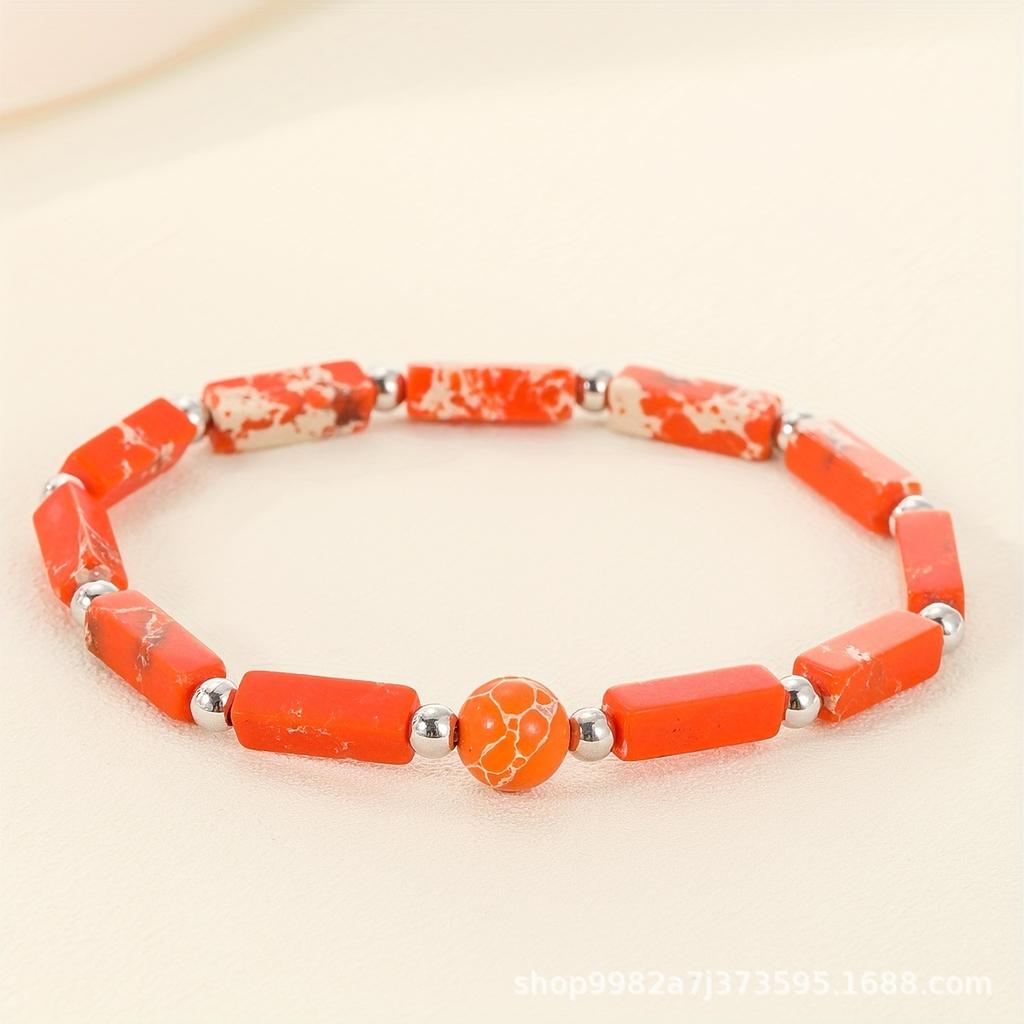 Mixed Natural Stone Beaded Bracelet Set – Rectangle Round Bead Boho Jewelry, Colorful Healing Gift for Women