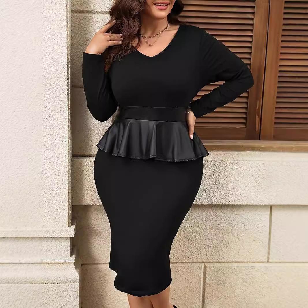 

Осеннее женское платье с талией больших размеров, черное обтягивающее платье с оборками 4XL чёрный