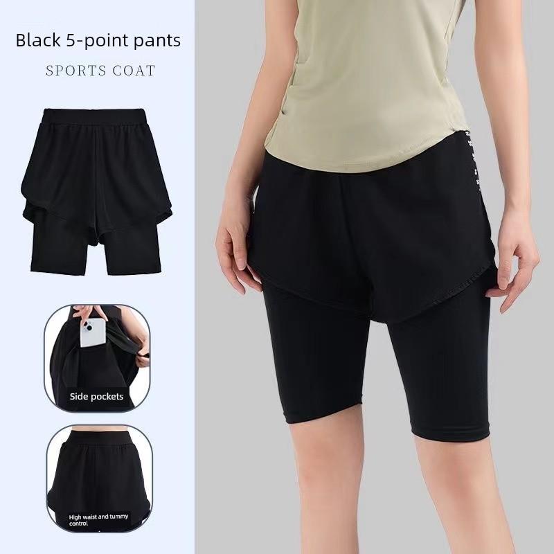Women's Five-Point Sports Pants, Faux Two-Piece, Anti-Exposure, Quick-Drying, Running Fitness Pants, High Elasticity, Summer Tennis Breathable