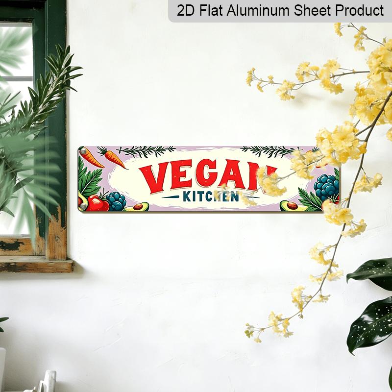 2D Flat, Vegan Kitchen with Fresh Vegetables Metal Sign - Vintage Scratch & Resistant, Wall Art for Home/Cafe, 15.7×3.94inch Aluminium Decorative Sign