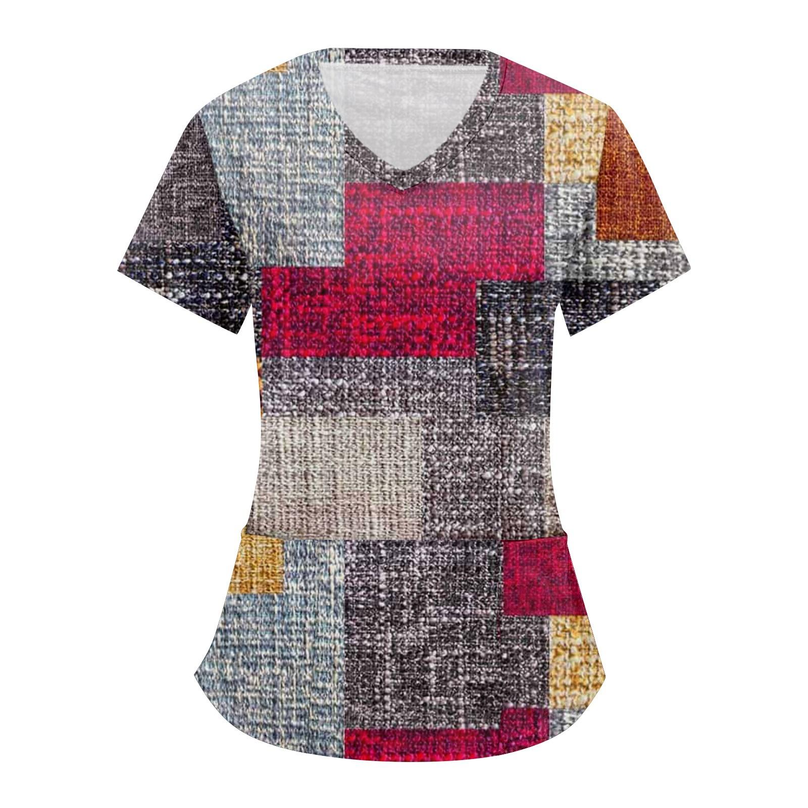 

Женские топы с короткими рукавами и v-образным вырезом с принтом, рабочая блузка с карманами XXXL горячий розовый