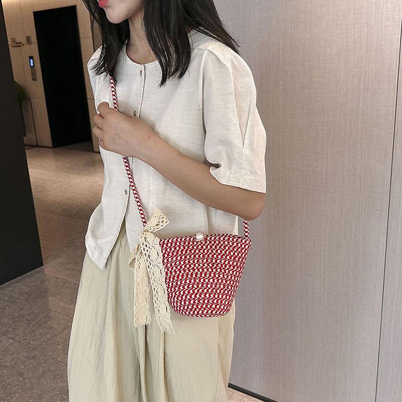 Elegant Soft Woven Bucket Bag For Women Casual Summer Style Shoulder Handbag In Khaki Red And Colorful