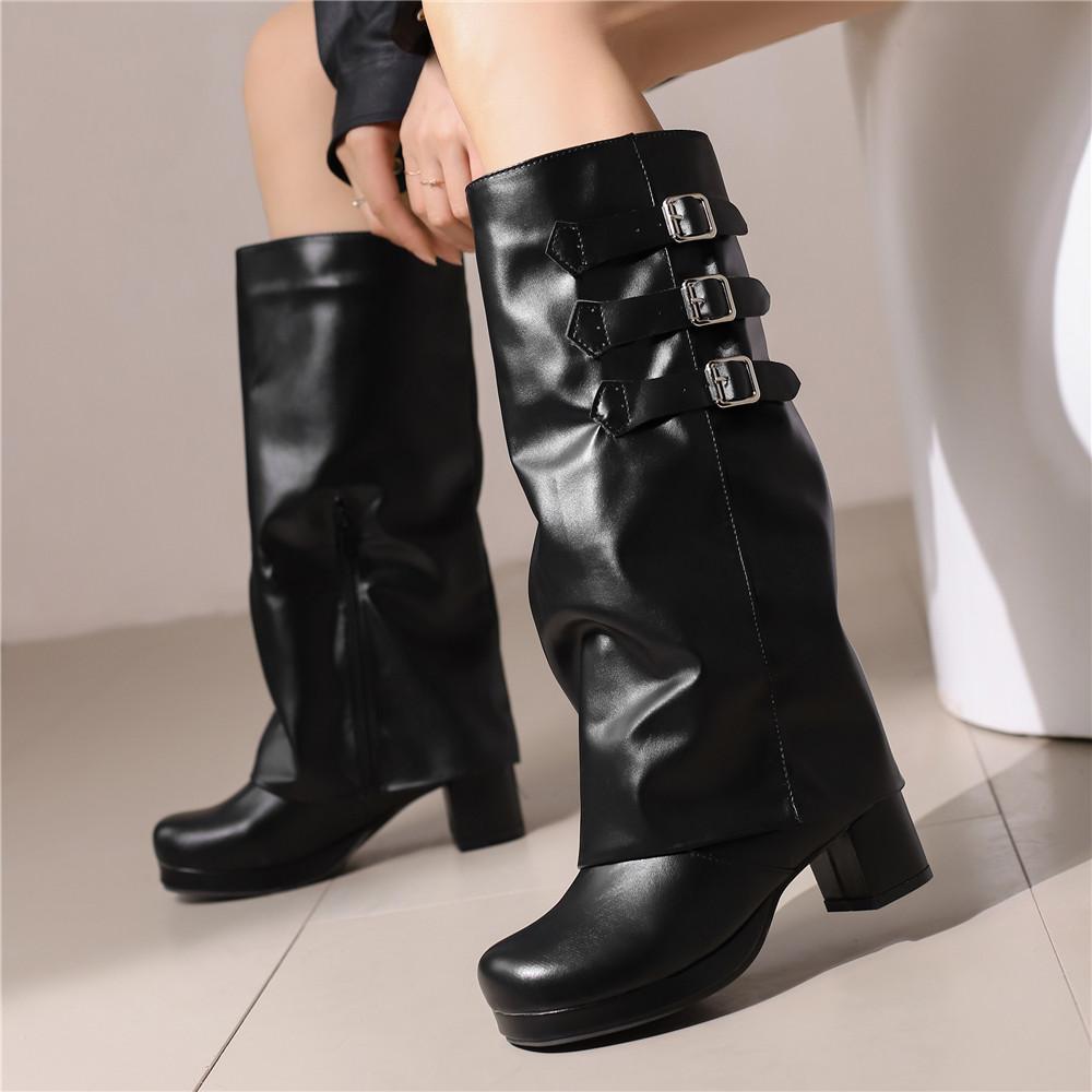 Fashion Women Thick Bottom Motorcycle Boots Women Knee High Boots Autumn Winter Women Gothic Punk Buckle Casual Boots Brown White Black
