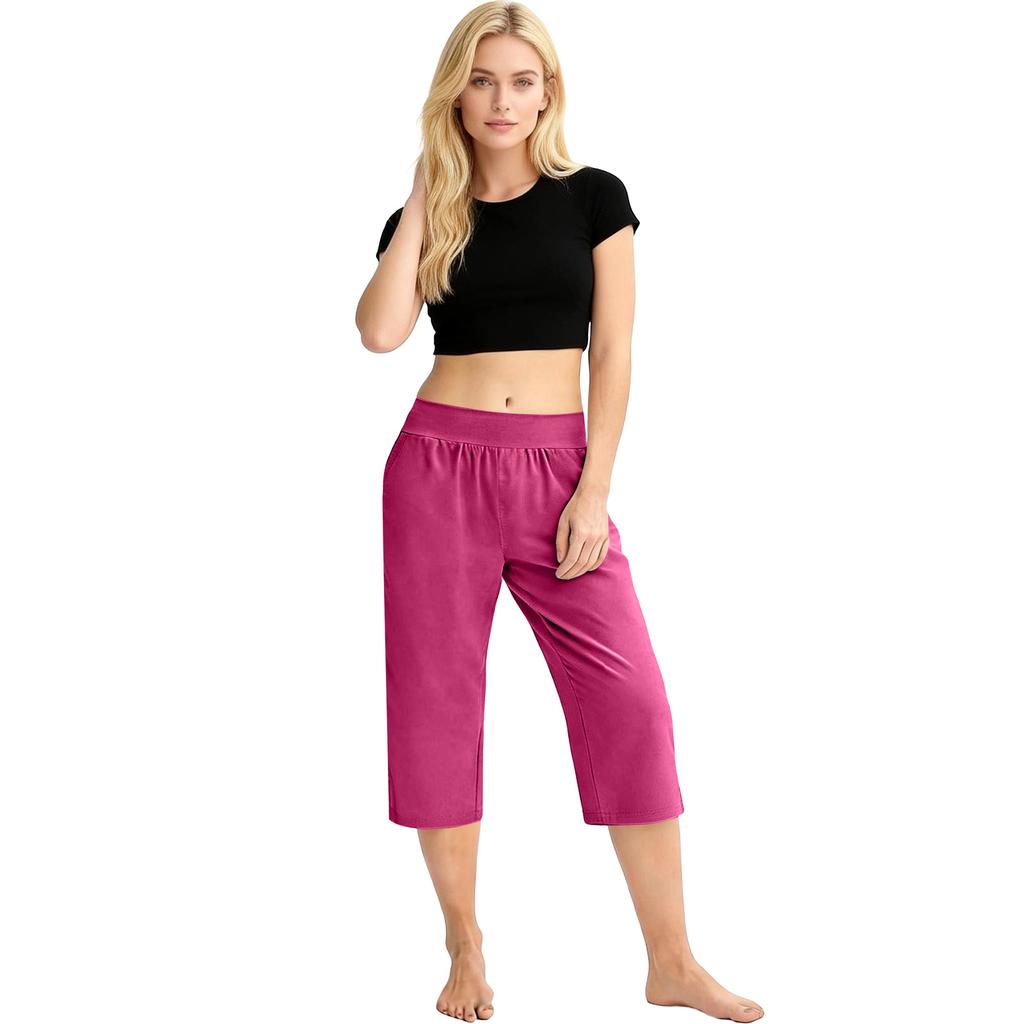 Women Elastic High Waist 3/4 Pant Casual Fit Wide Capris Leg Pants Trousers With Pockets