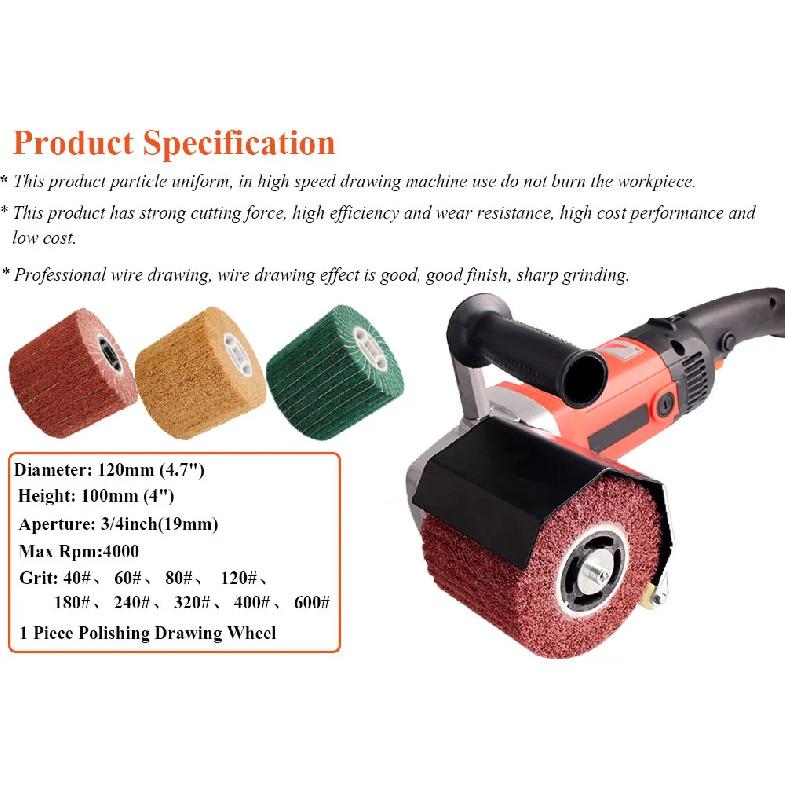 Non-woven Nylon Abrasive Flap Wheel Brush Wire Drawing Polishing Burnishing Drum Wheel for Stainless Steel 120x20x100mm 1pc