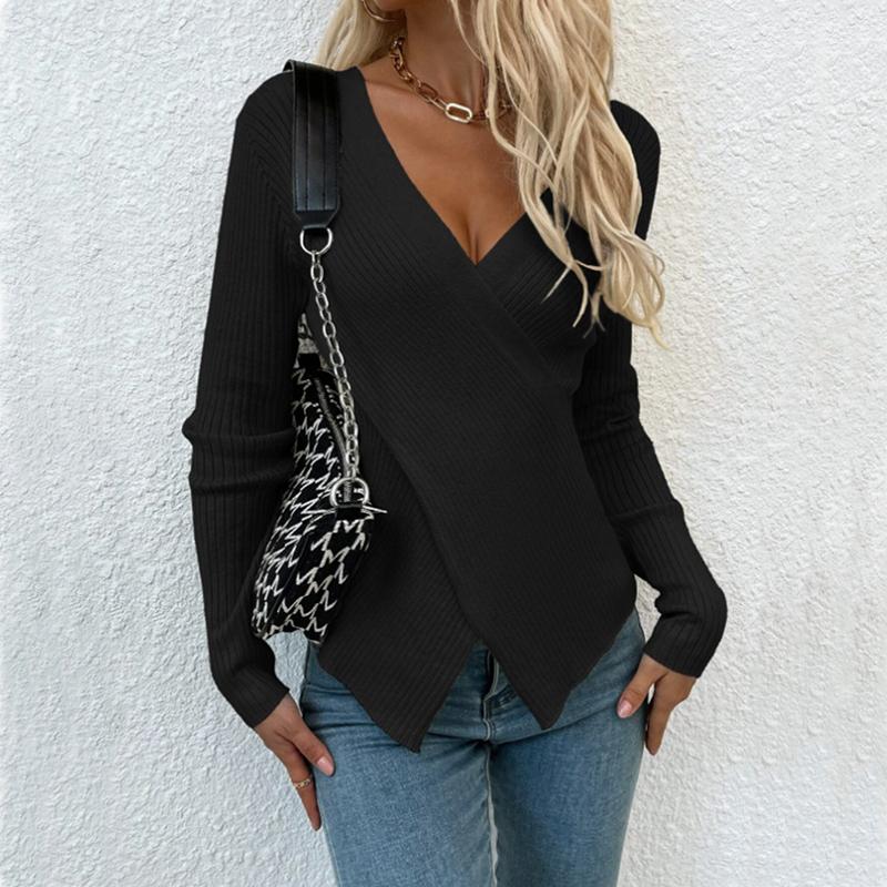 Women's Fashion Front Irregularly Crossed Long-sleeved  Knitted Pullover Sweaters Slim Ribbed Knitted Sweaters