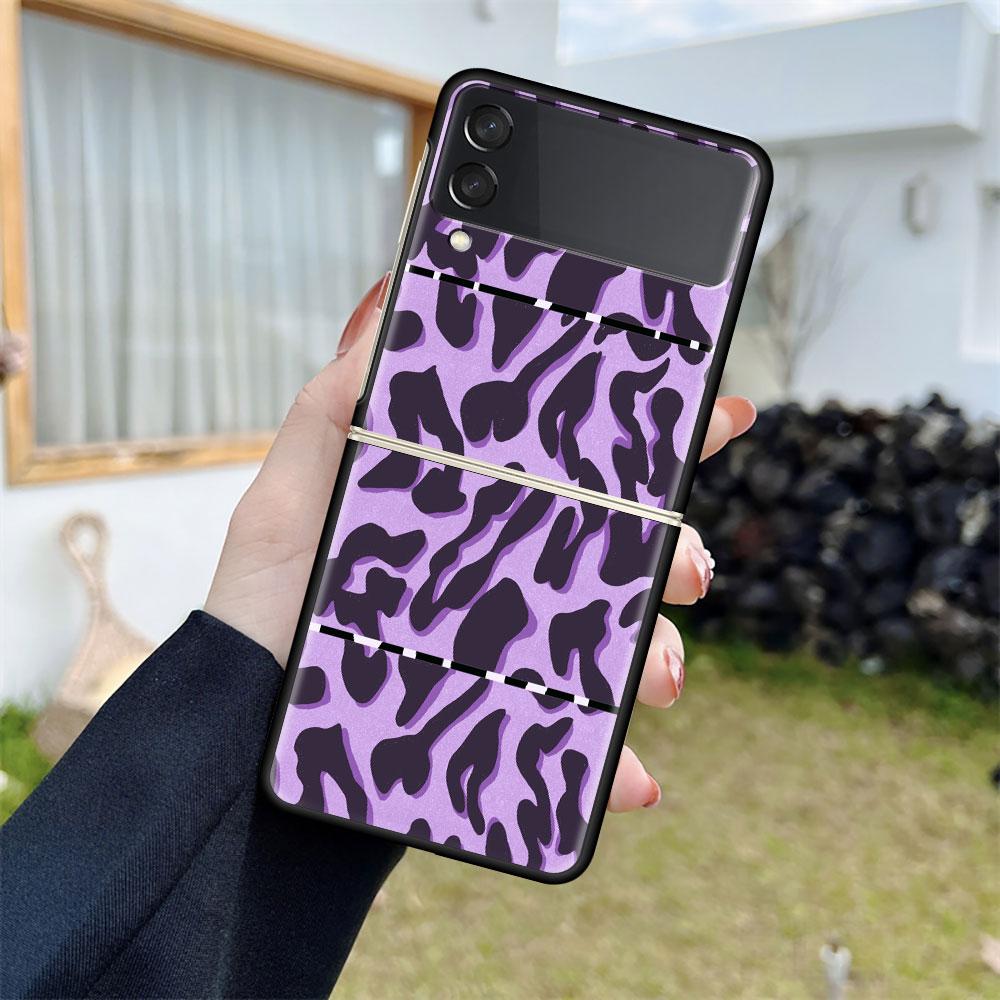 Luxushülle für Samsung Galaxy Z Flip 4 3 5G Schwarz PC Hart Handyhüllen Mode Rückseite ZFlip Funda Zebra Leopardenmuster Capa