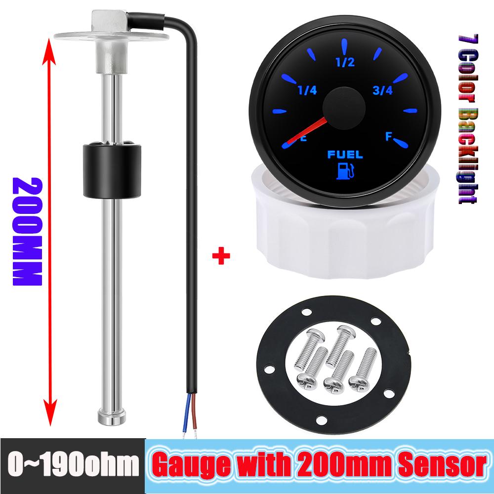 Car FUEL Gauges Instruments+A5 Fuel Float Sensor 0-190 Ohm 7 Color LED Water Tank Level 52MM Waterproof for Boat Marine 12V 24V