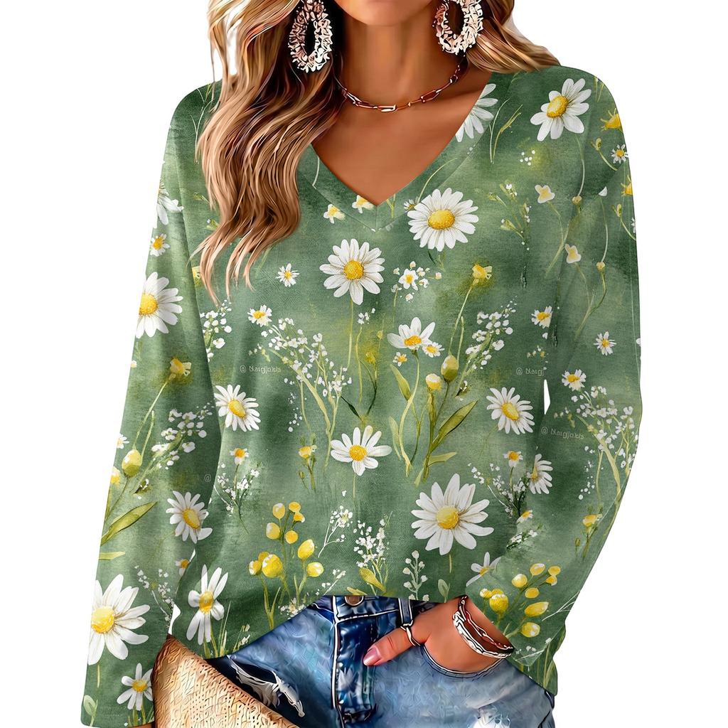 Women's V-Neck Long Sleeve Print Lightweight Blouse for Spring and Summer