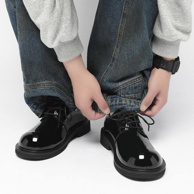 Business Elite Derby Shoes Patent Leather Glossy Casual Small Leather Shoes Men's Platform Trendy British Dress Business Commuter Shoes
