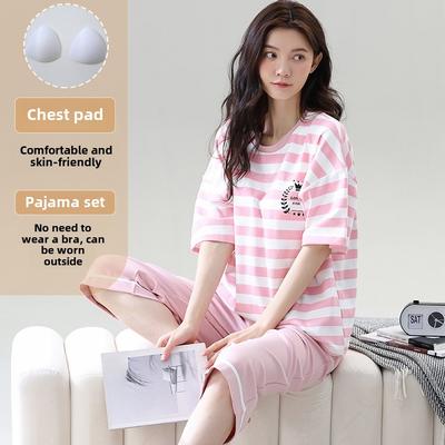 Sommer-Pyjama-Set in Übergröße 4XL 5XL mit Brustpolster für Damen, rosa gestreifte Kurzarmoberteile und Caprihosen, Nachtwäsche für Damen, lässiger Pyjama, Homewear
