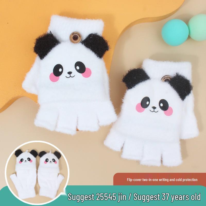 Kids' Cute Panda Flip-Top Fingerless Wool Gloves for Winter
