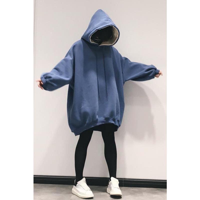 Fashion Korean Loose Mid-length Long Sleeve Retro Solid Color Casual Hooded Plush Thick Sweatshirt