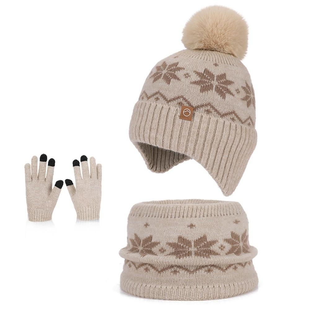 Polyester Winter Knitted Hat Warm Ear Flap Kids Snowflake Beanie for 2/3 Piece Set For Boys Girls