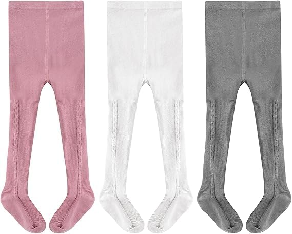LOLANTA Kids' Knitted Thermal Tights, Thick Faux Tights for Warmth, Girls' Leggings with Leggings, 3-Pair Set, White/Gray/Pink, Ages 8-10