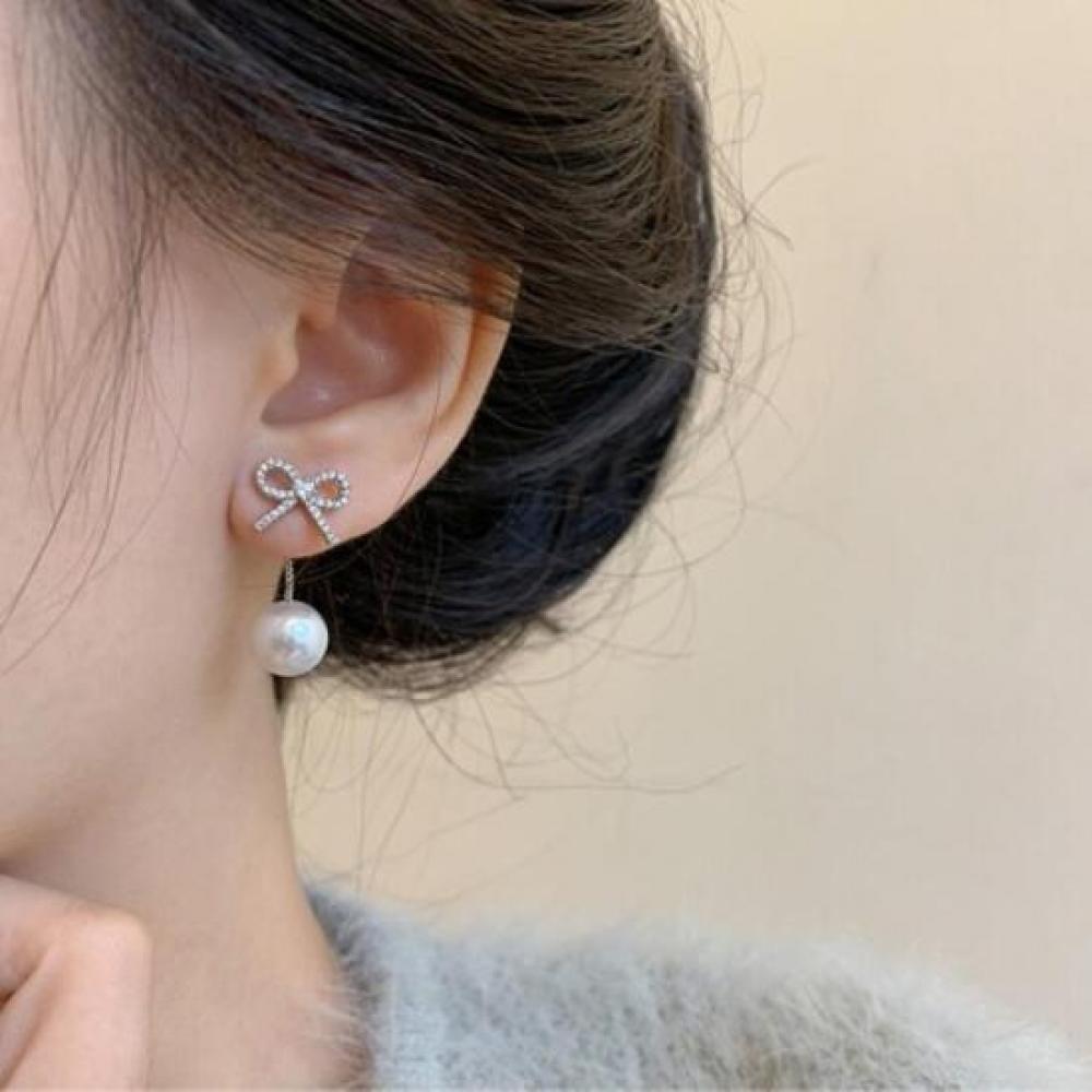 New Arrivals Open Run Ribbon Pearl Drop Cubic Mini Earrings