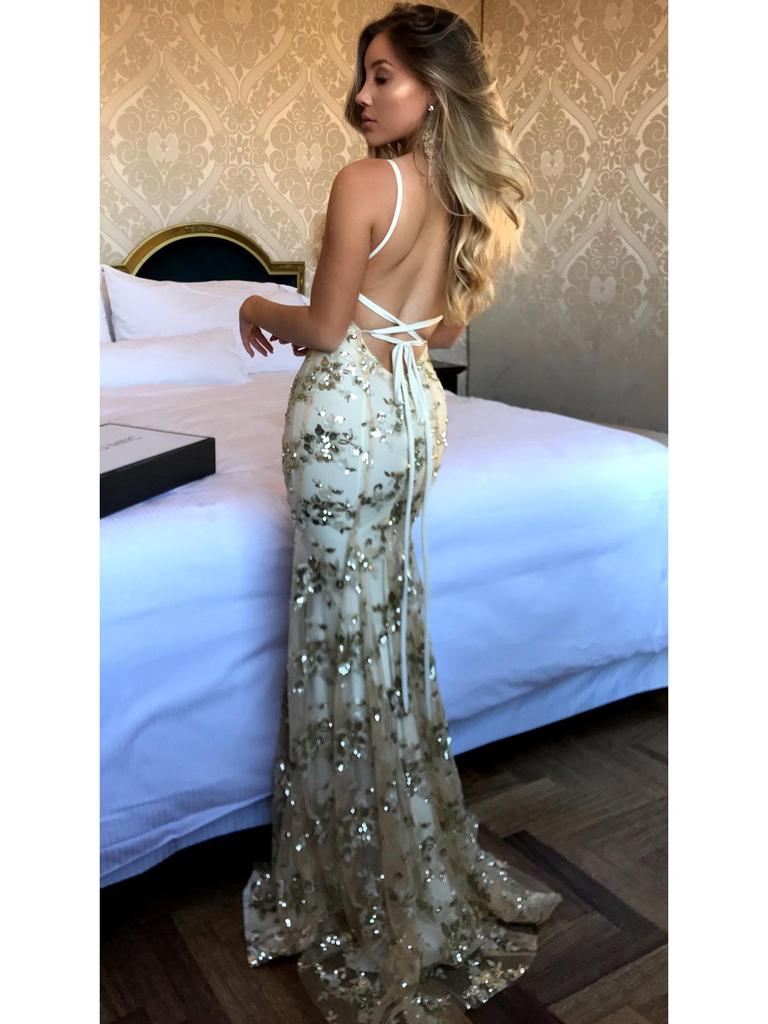 Robe de soirée à bretelles spaghetti, col en V, dos nu, paillettes et lacets, pour femmes européennes et américaines, 2025