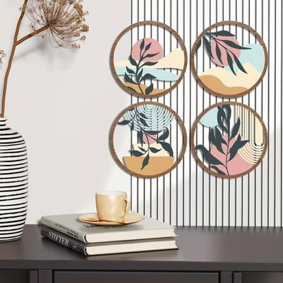 4 Pcs Boho Wall Art Round Bohemian Sunset Wooden Minimalist Poster for Farmhouse Abstract Plant Hollow Out Wall Hanging Decor for Living Room Bedroom