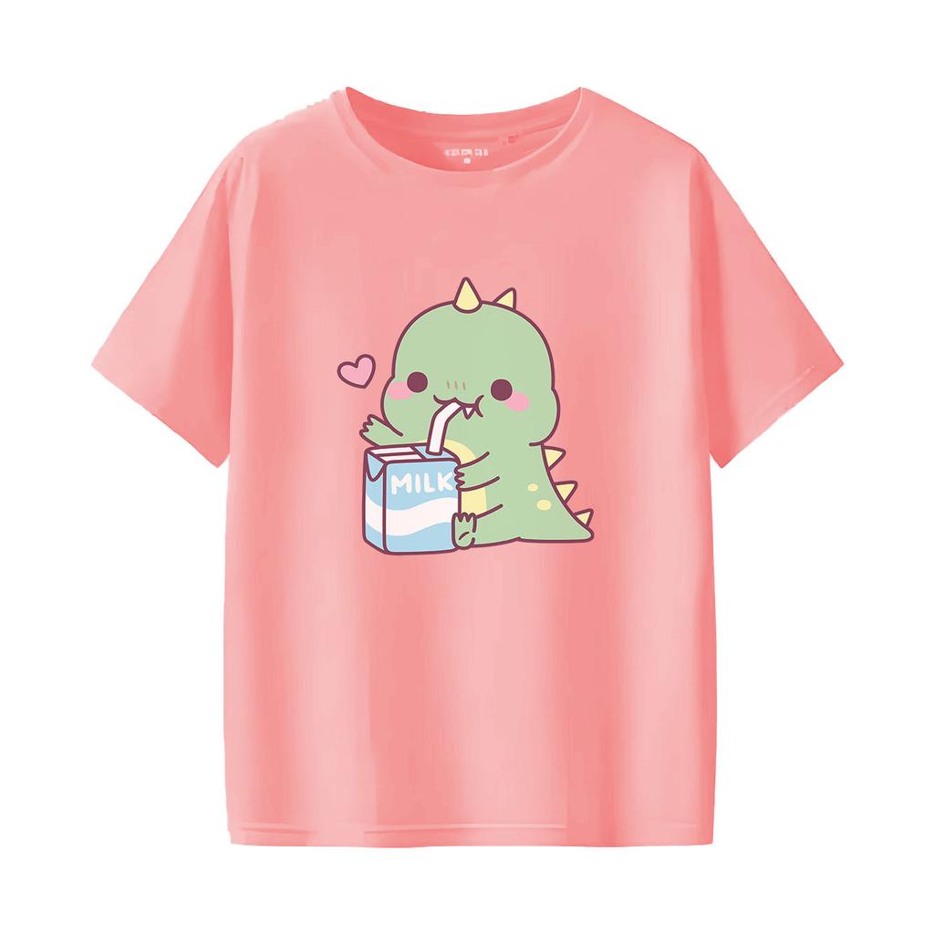 Cute dinosaur print short sleeved round neck versatile fashionable Womens Tshirt suitable for all seasons