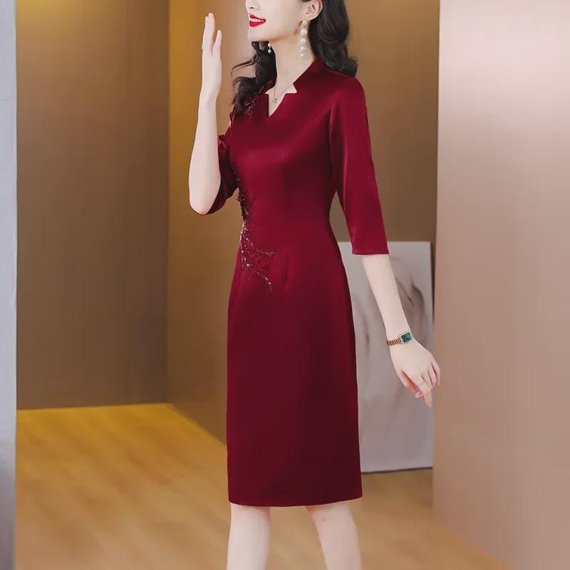 Elegant Retro Slim Wedding Dress for Mother-in-Law, 2023 Autumn Fashion, Acetate Satin