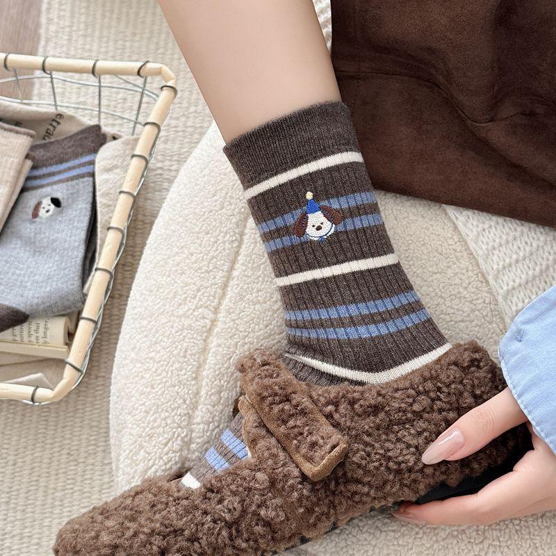 Coffee Color Warm Velvet Embroidery Versatile Trendy Socks Puppy Mid-Leg Socks Plush Warm Stockings Are One Size