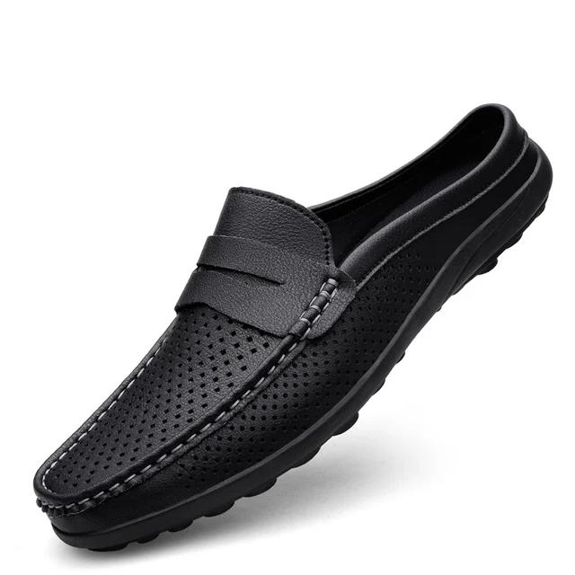 Summer Hollow Breathable Shoes Men Fashion Leather Half Shoes Slip on Moccasins Casual Italian Style Luxury Brand Half Loafers